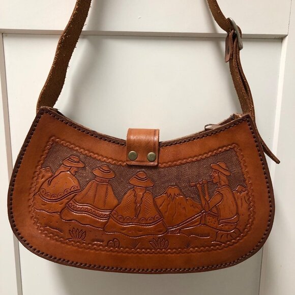 Vintage Hand Tooled Leather Purse Western Peru Shoulder Bag Cowgirl Satchel - Picture 4 of 10
